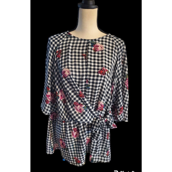 Lane Bryant Black Check & Floral Side Tie Polyester Peplum Long Top 18 NWT - Picture 1 of 6